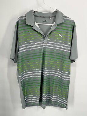 Puma Men’s Gray & Green Striped Polo Shirt L